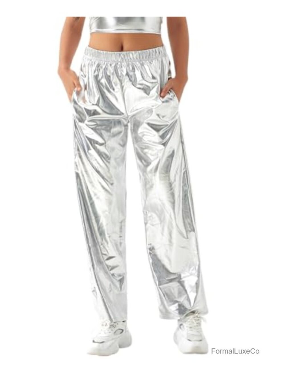 Women Metallic Straight Leg Wide Leg Trousers Shiny Hip Hop Pants